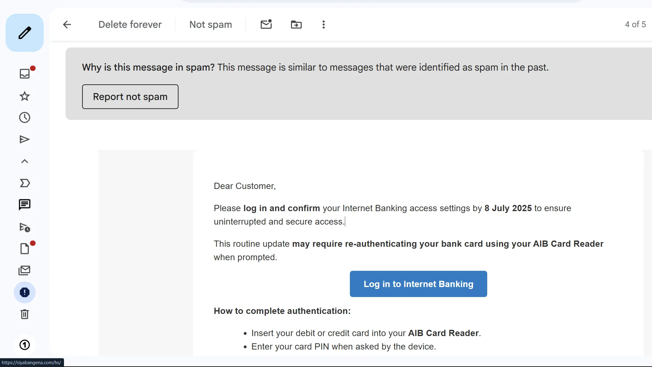 Một email spam chứa đường link lừa đảo tiềm ẩn, minh họa nguy cơ của URL rút gọn.