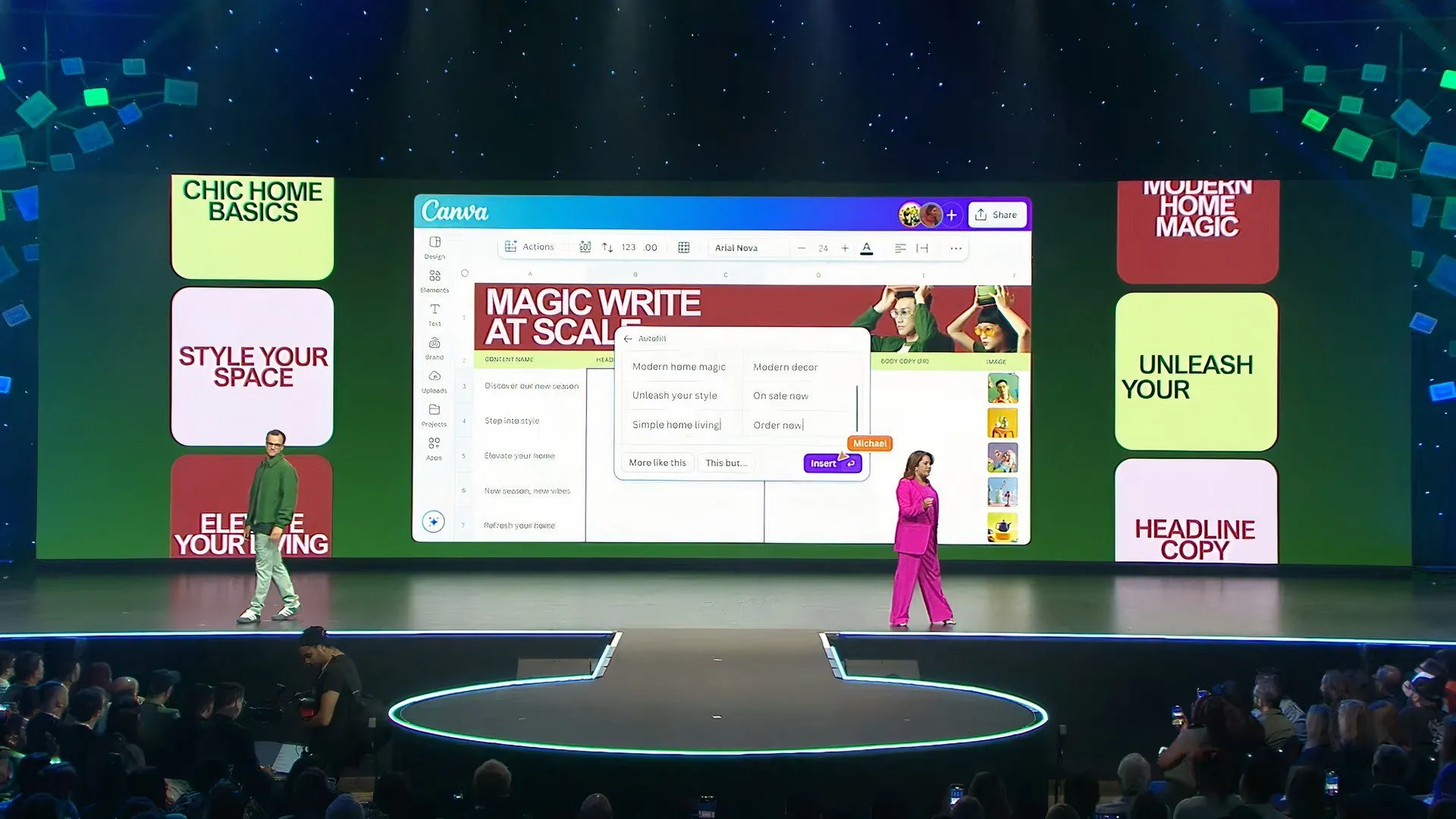 Một vài người thuyết trình trên sân khấu đang giải thích về Magic Studio at Scale mới của Canva trên màn hình lớn phía sau