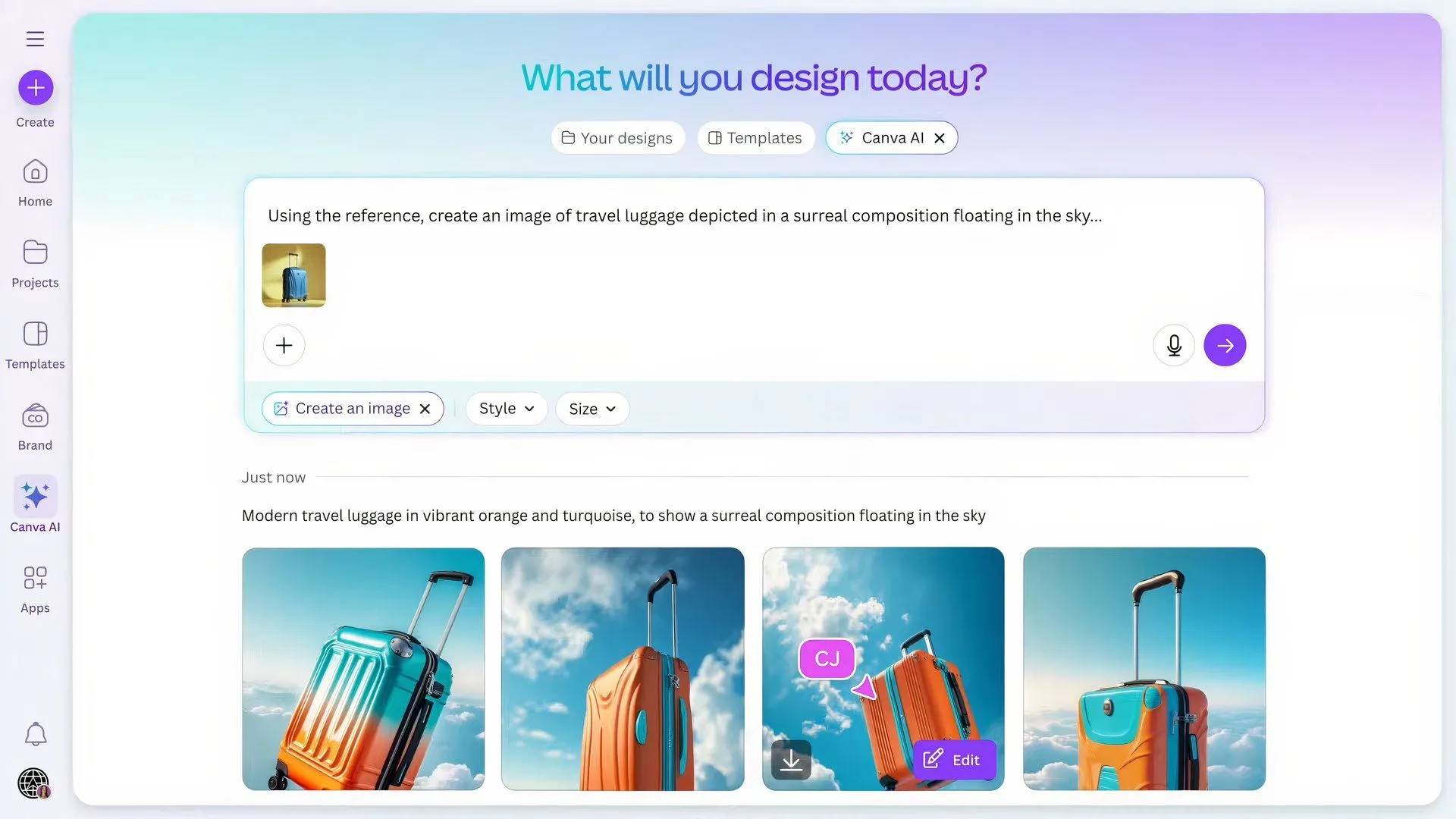 Một ví dụ trên màn hình về cách sử dụng tính năng Create an Image mới của Canva để tạo hình ảnh từ nội dung hiện có