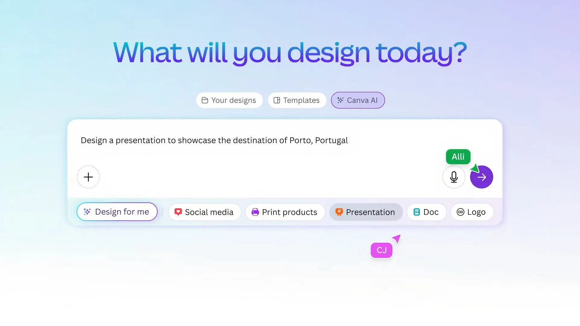 Một ví dụ trên màn hình về cách sử dụng tính năng Design for Me mới của Canva để tạo thiết kế