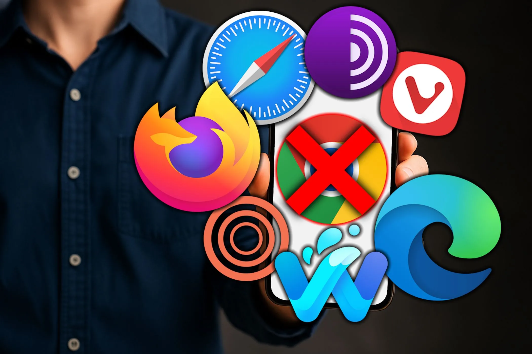 Người đàn ông cầm điện thoại smartphone với logo Chrome bị gạch chéo và các logo trình duyệt khác, biểu thị các lựa chọn thay thế