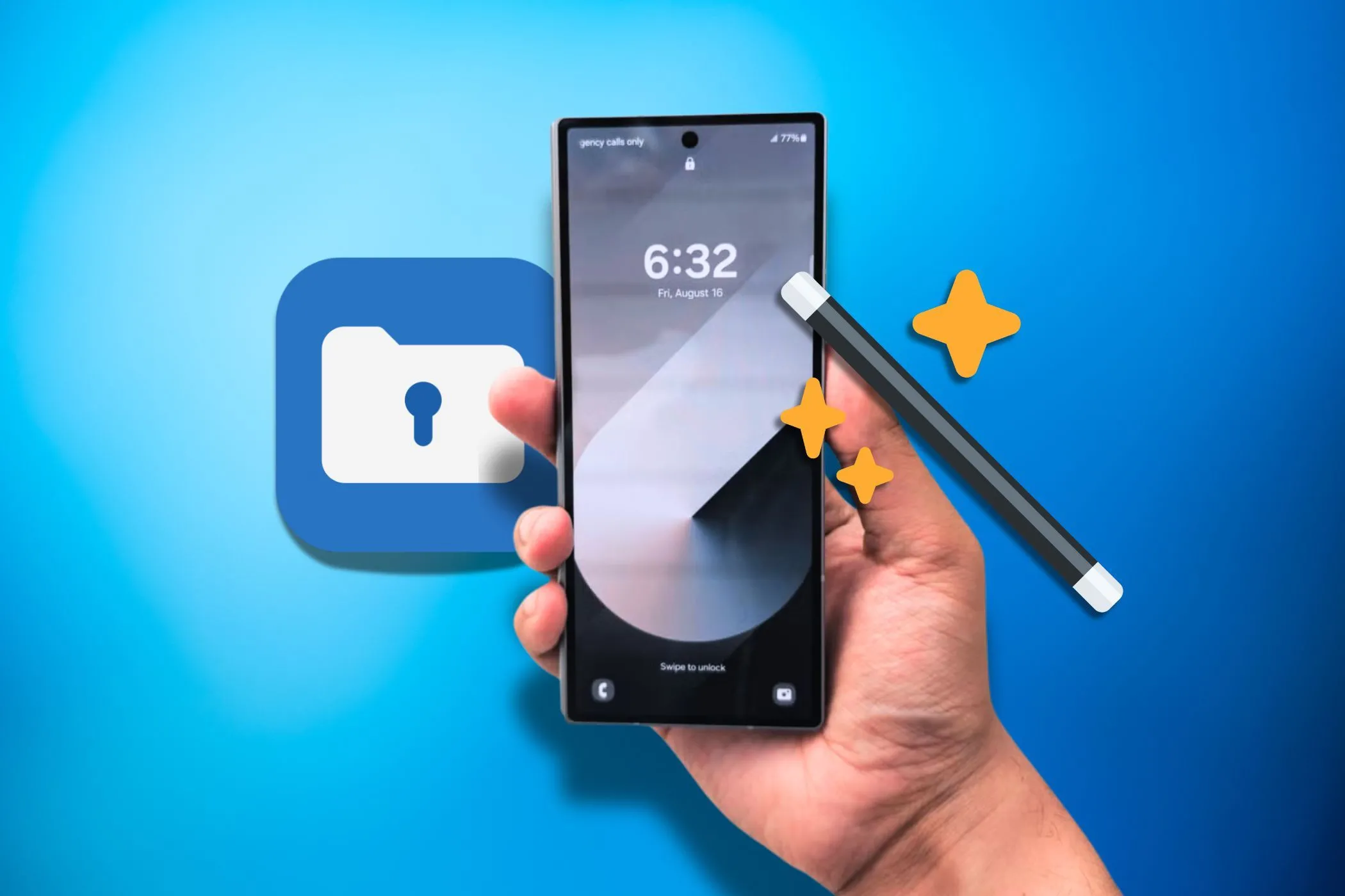 Người dùng đang thao tác trên điện thoại Samsung với biểu tượng Secure Folder và biểu tượng liên quan đến tính năng tự động tạo câu chuyện trong thư viện ảnh.