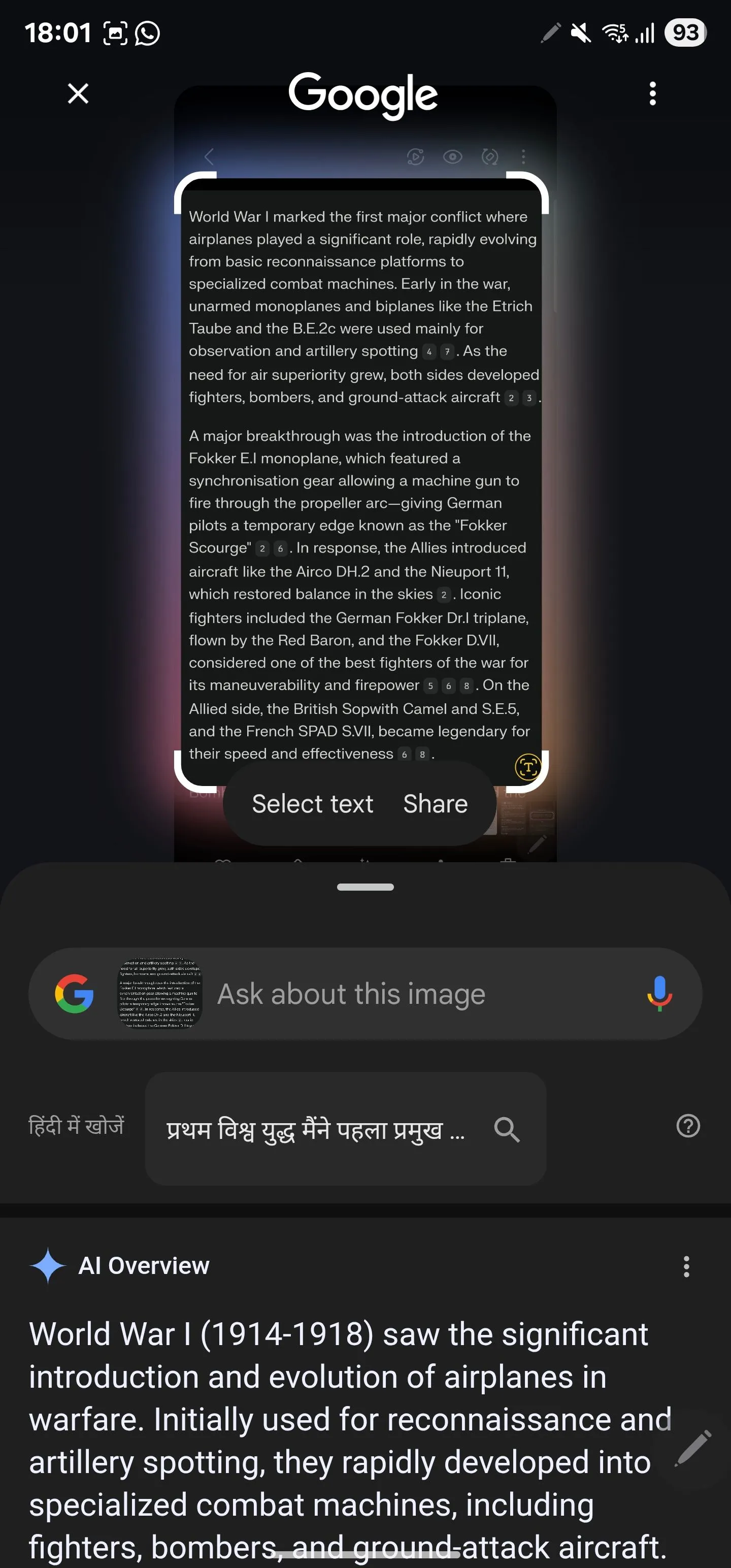 Người dùng sử dụng Circle to Search để chọn một đoạn văn bản dài để tóm tắt trên màn hình điện thoại.