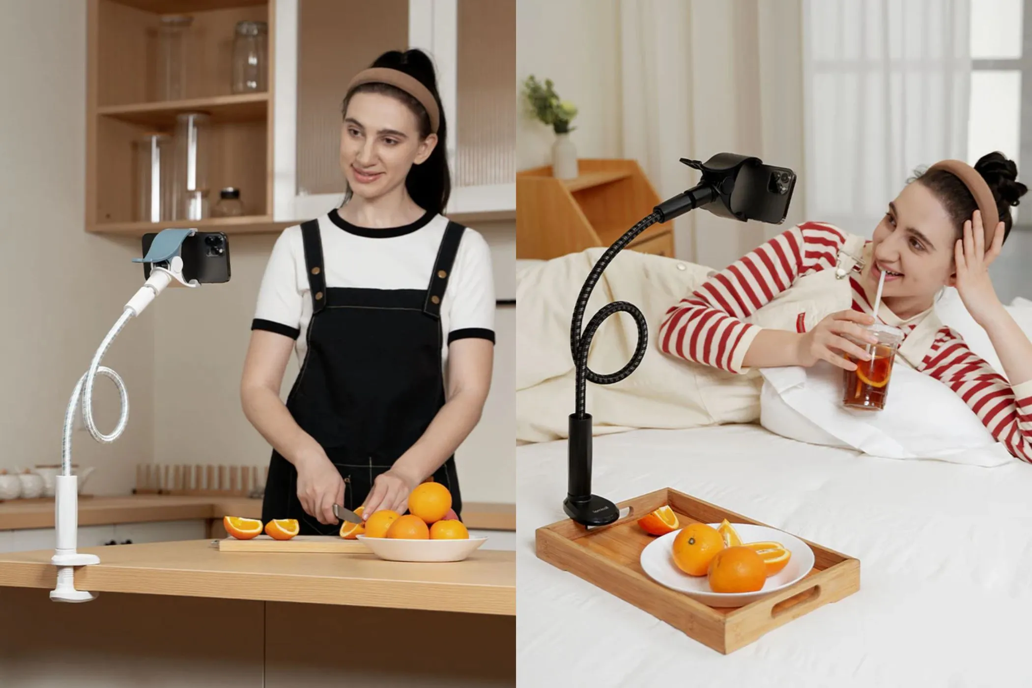 Người phụ nữ sử dụng giá đỡ điện thoại cổ ngỗng Lamicall khi nấu ăn và thư giãn
