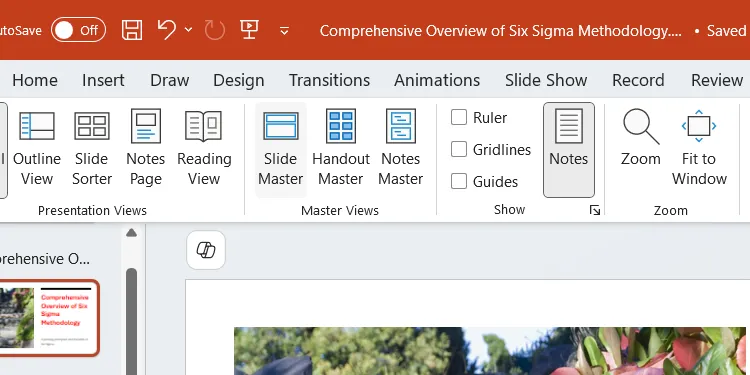 Nút Slide Master trong tab View của PowerPoint.