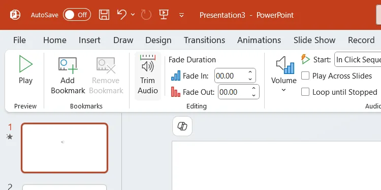 Nút Trim Audio (Cắt âm thanh) trong PowerPoint.