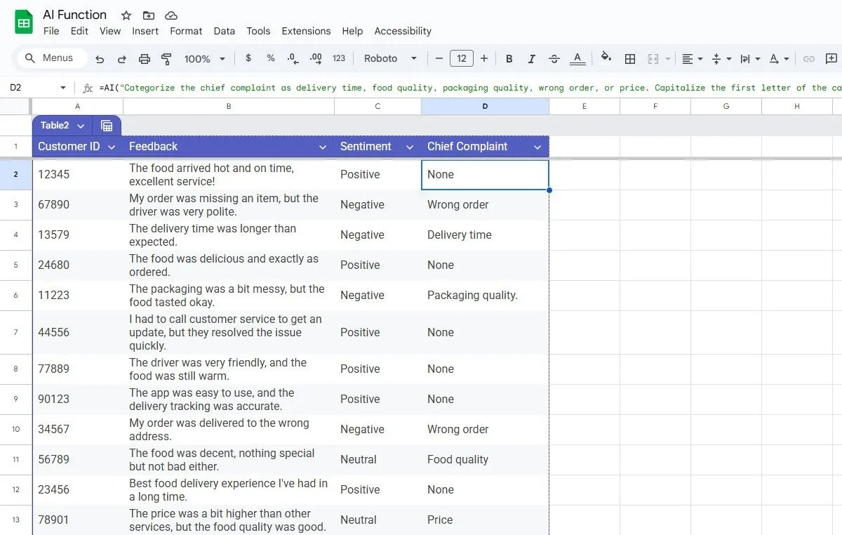 Phân loại phàn nàn khách hàng bằng hàm AI trong Google Sheets dựa trên cảm xúc và nội dung