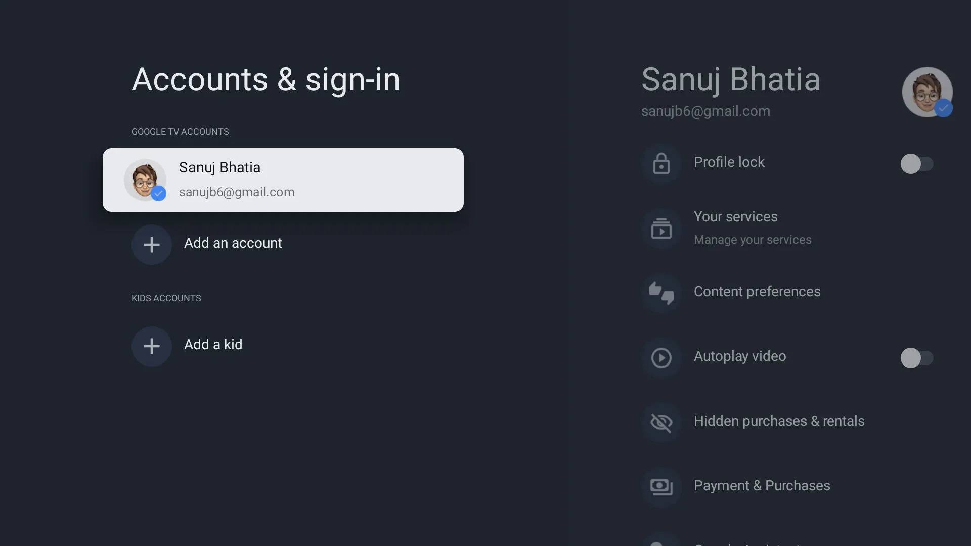 Phần Tài khoản và đăng nhập (Accounts &amp; sign-in) trong cài đặt Google TV để quản lý hồ sơ.