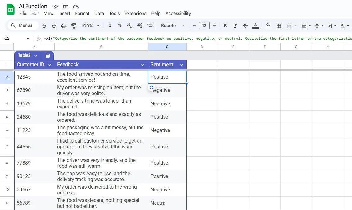 Phân tích cảm xúc phản hồi khách hàng bằng hàm AI trong Google Sheets