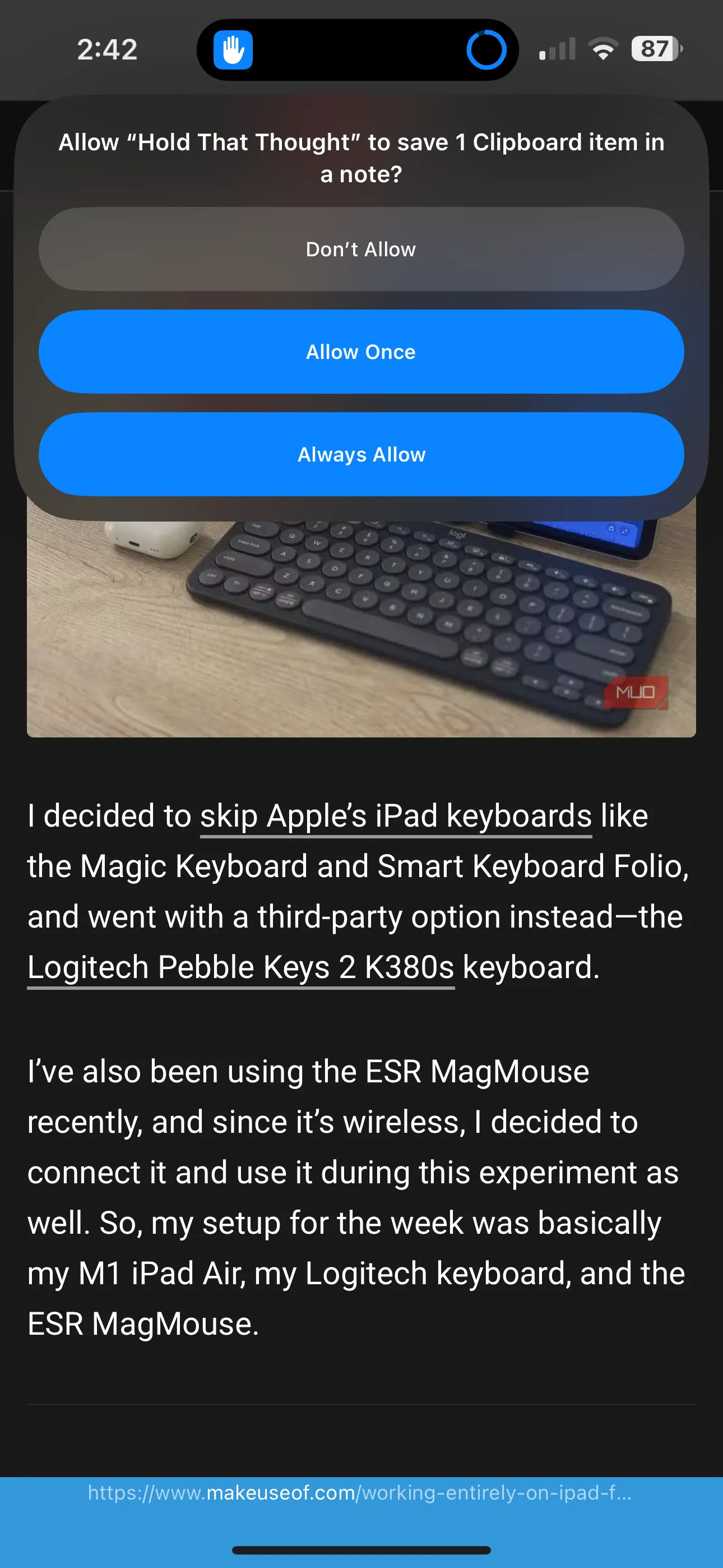 Phím tắt Hold That Thought trên iPhone yêu cầu quyền truy cập để lưu ghi chú vào ứng dụng Notes.