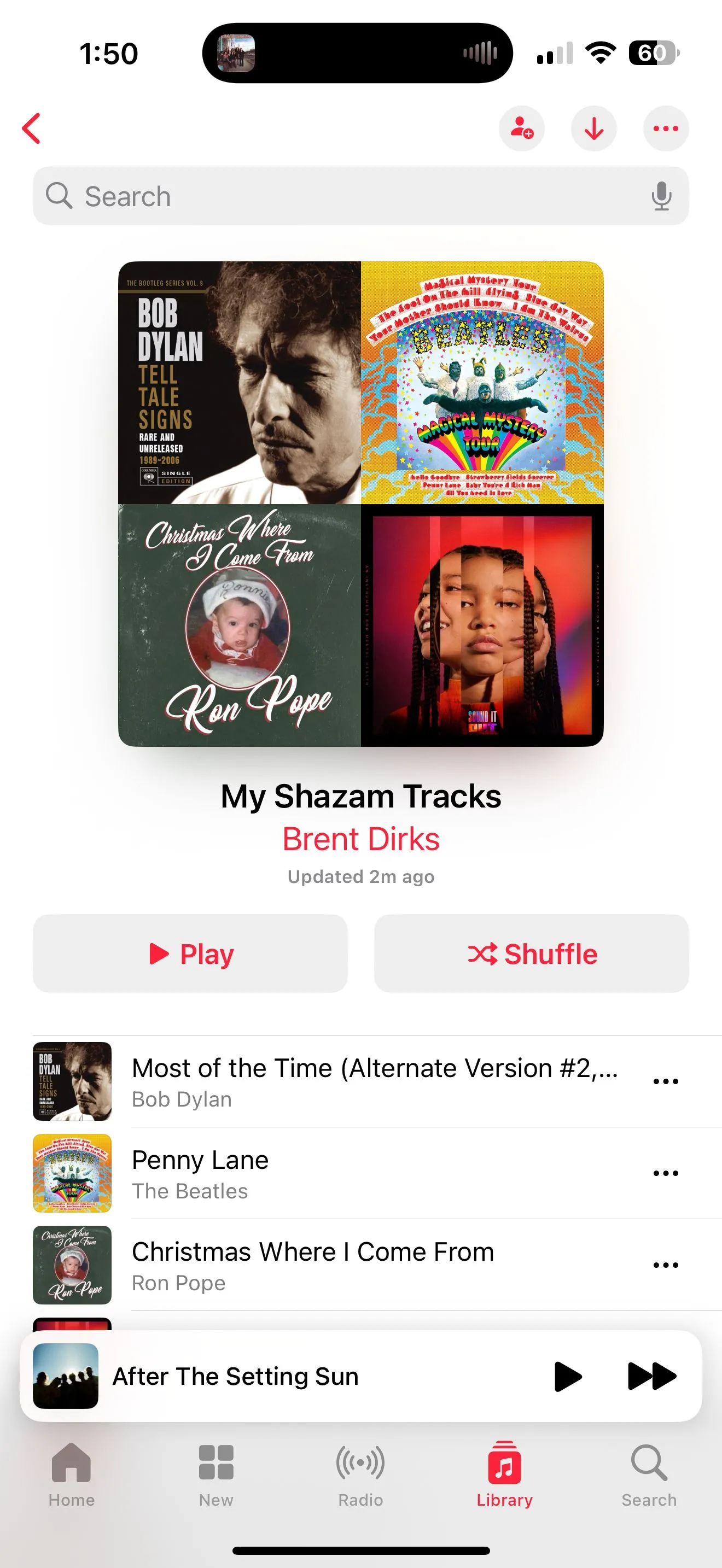 Playlist &quot;My Shazam Tracks&quot; trong ứng dụng Apple Music, nơi lưu trữ các bài hát đã được Shazam nhận diện.