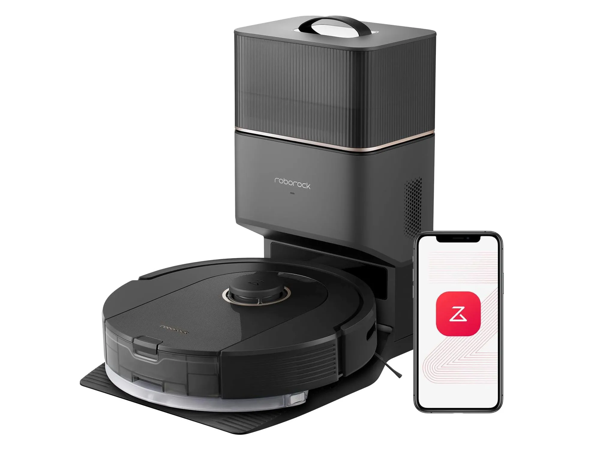 Robot hút bụi lau nhà Roborock Q5 Pro+ màu đen cùng trạm sạc tự động đổ rác, thể hiện sự tiện lợi trong vệ sinh nhà cửa.