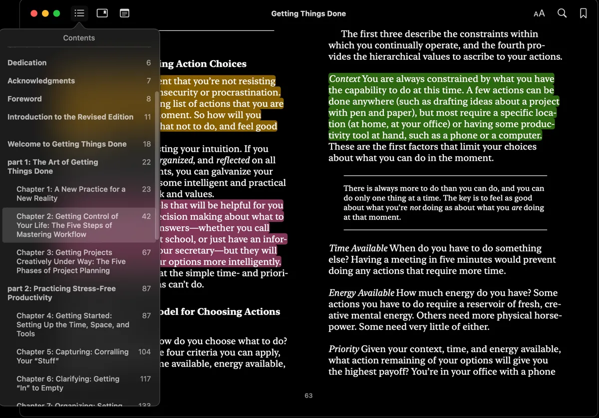 Sách &quot;Getting Things Done&quot; được hiển thị trong ứng dụng Apple Books, minh họa nguồn đầu vào cho PKM