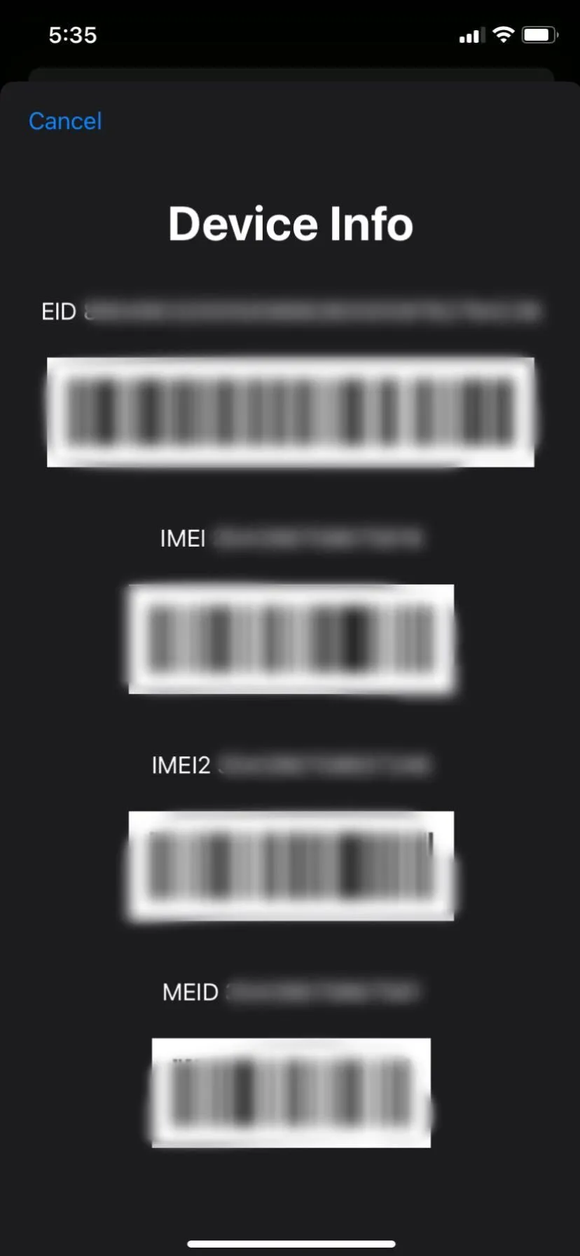 Số IMEI hiển thị trên màn hình iPhone