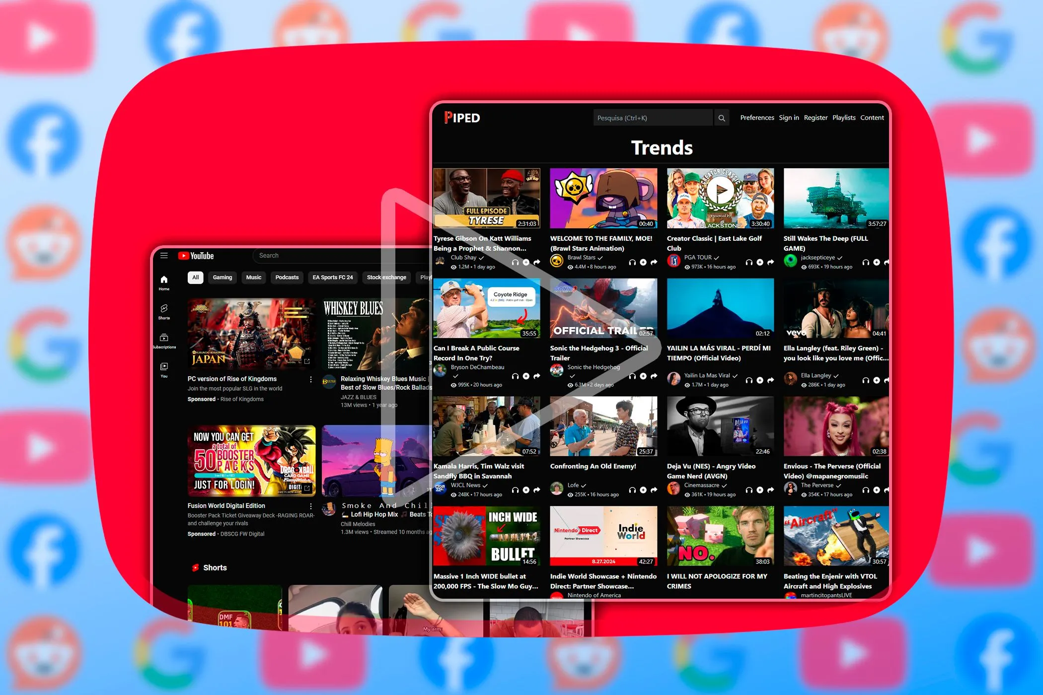So sánh giao diện YouTube tiêu chuẩn và giao diện thay thế, minh họa khả năng tùy chỉnh theme và chế độ hiển thị trên ứng dụng.