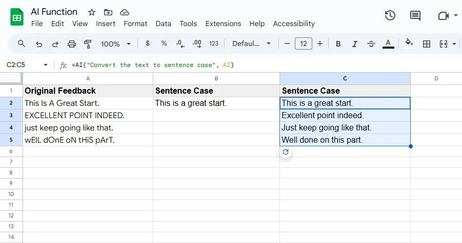 Sử dụng hàm AI trong Google Sheets để chuyển đổi một dải ô sang định dạng câu