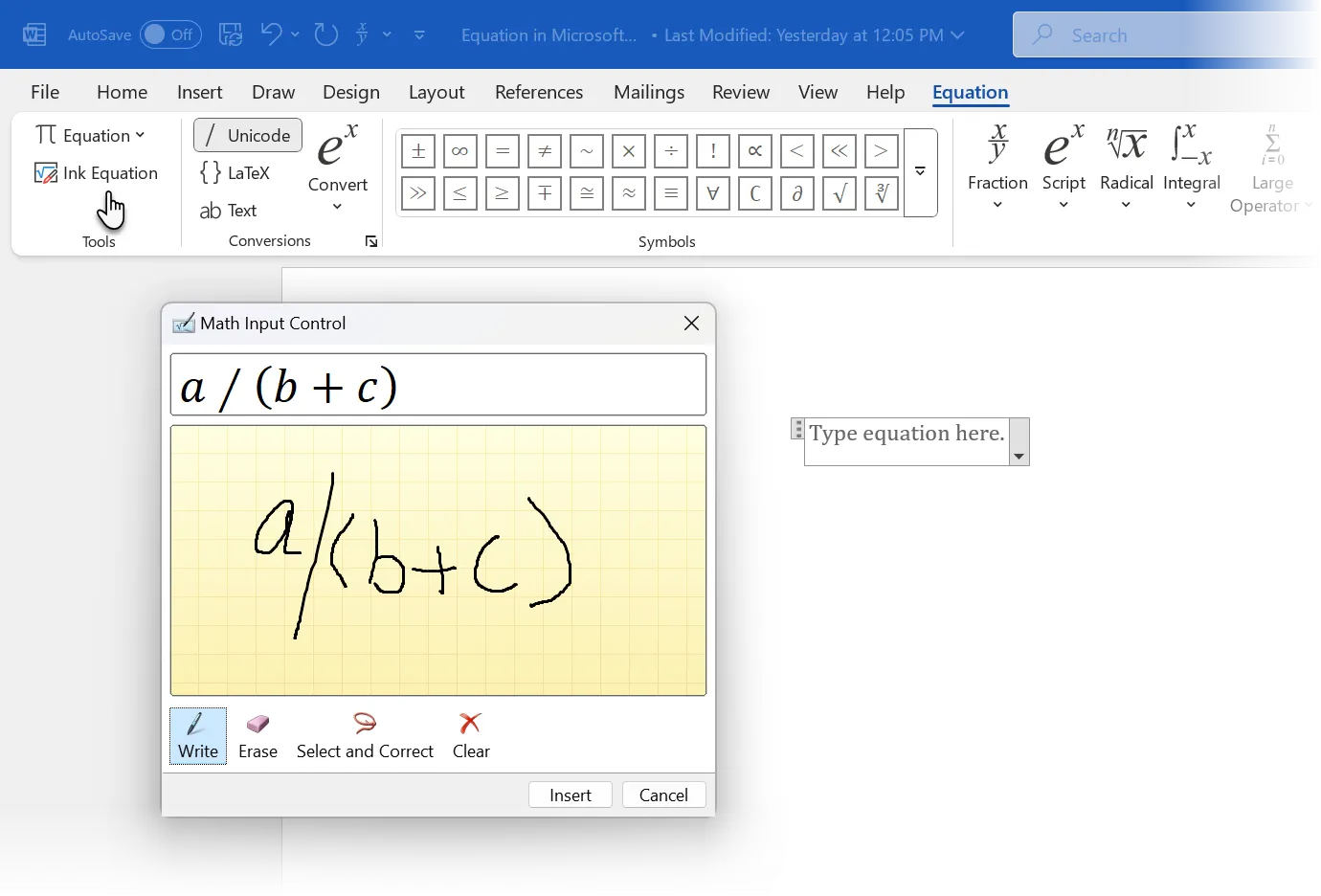 Sử dụng tính năng Ink Equation trong Word để viết công thức toán học bằng tay