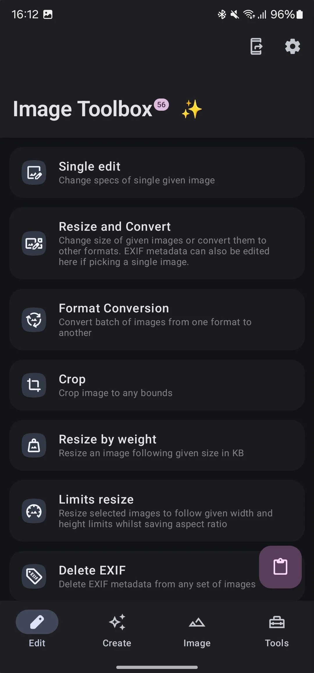 Tab chỉnh sửa của ứng dụng Image Toolbox để thao tác với hình ảnh