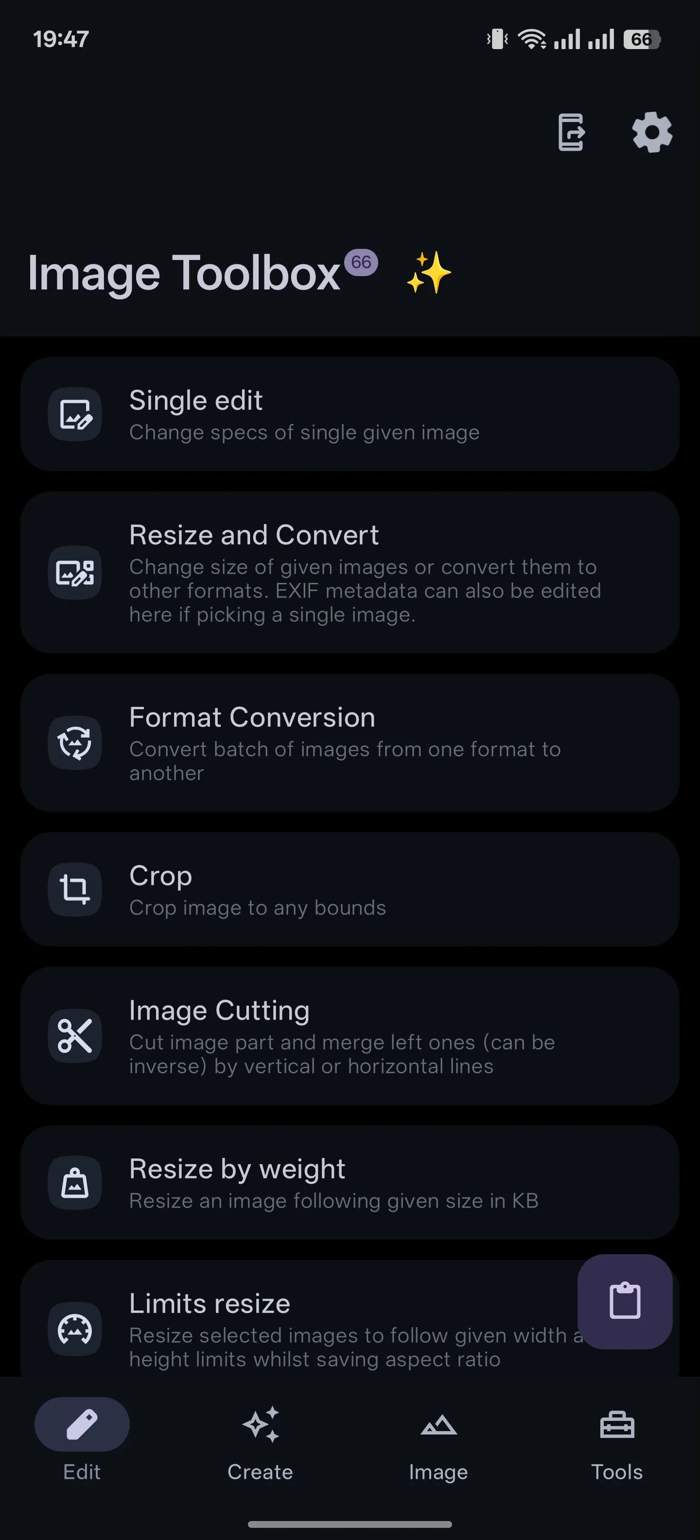 Tab chỉnh sửa trong ứng dụng Image Toolbox trên Android, hiển thị các tùy chọn chỉnh sửa ảnh.