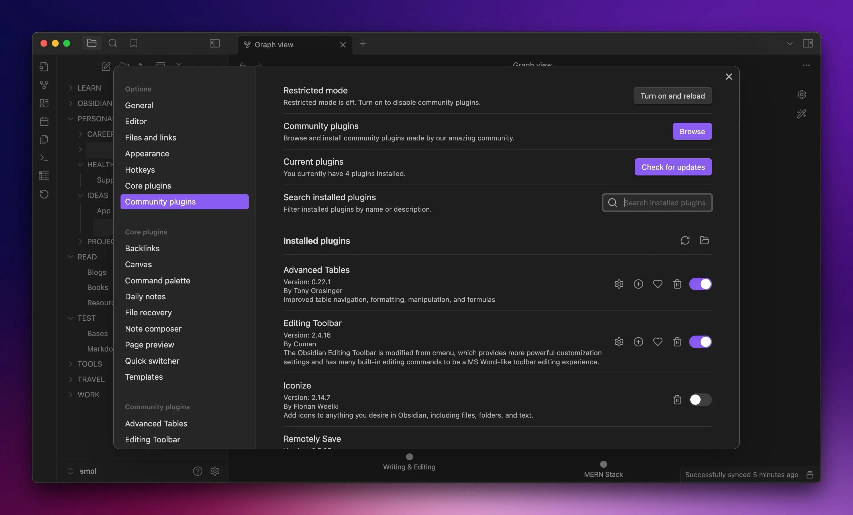 Tab Community Plugins trong Obsidian trên máy Mac, giới thiệu danh sách các plugin cộng đồng có sẵn để mở rộng chức năng.