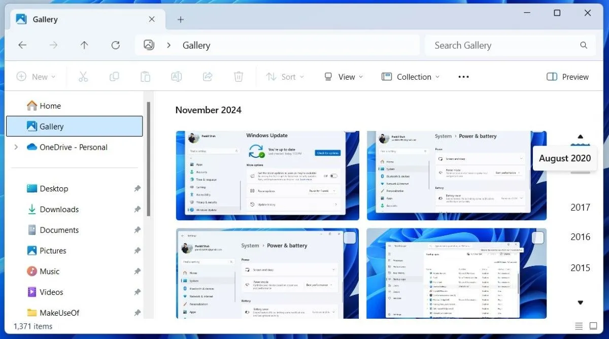 Tab Thư viện (Gallery) mới trong File Explorer hiển thị ảnh theo dòng thời gian