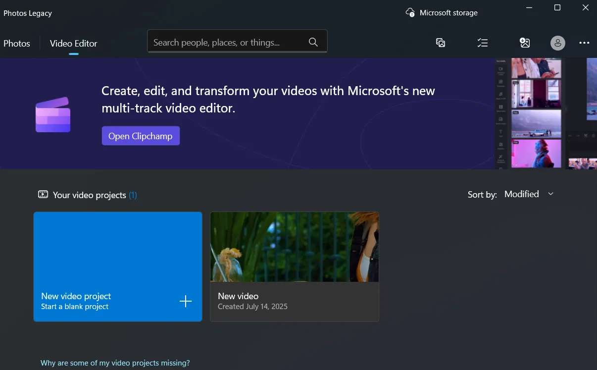 Tab trình chỉnh sửa video trong ứng dụng Ảnh Phiên Bản Cũ (Photos Legacy) của Windows.