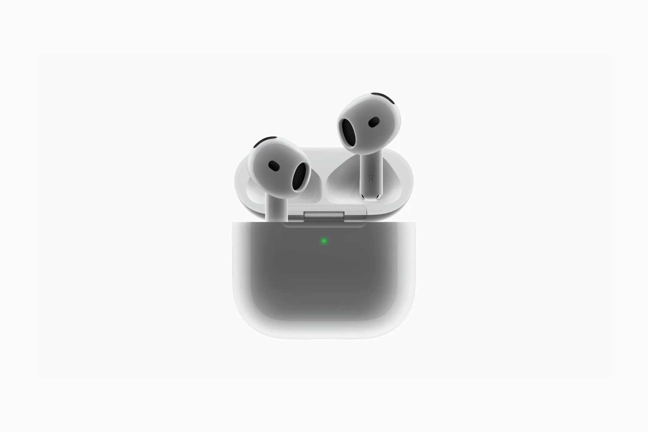 Tai nghe Apple AirPods 4 cùng vỏ sạc, nổi bật với thiết kế nhỏ gọn hơn và không có nút ghép nối.