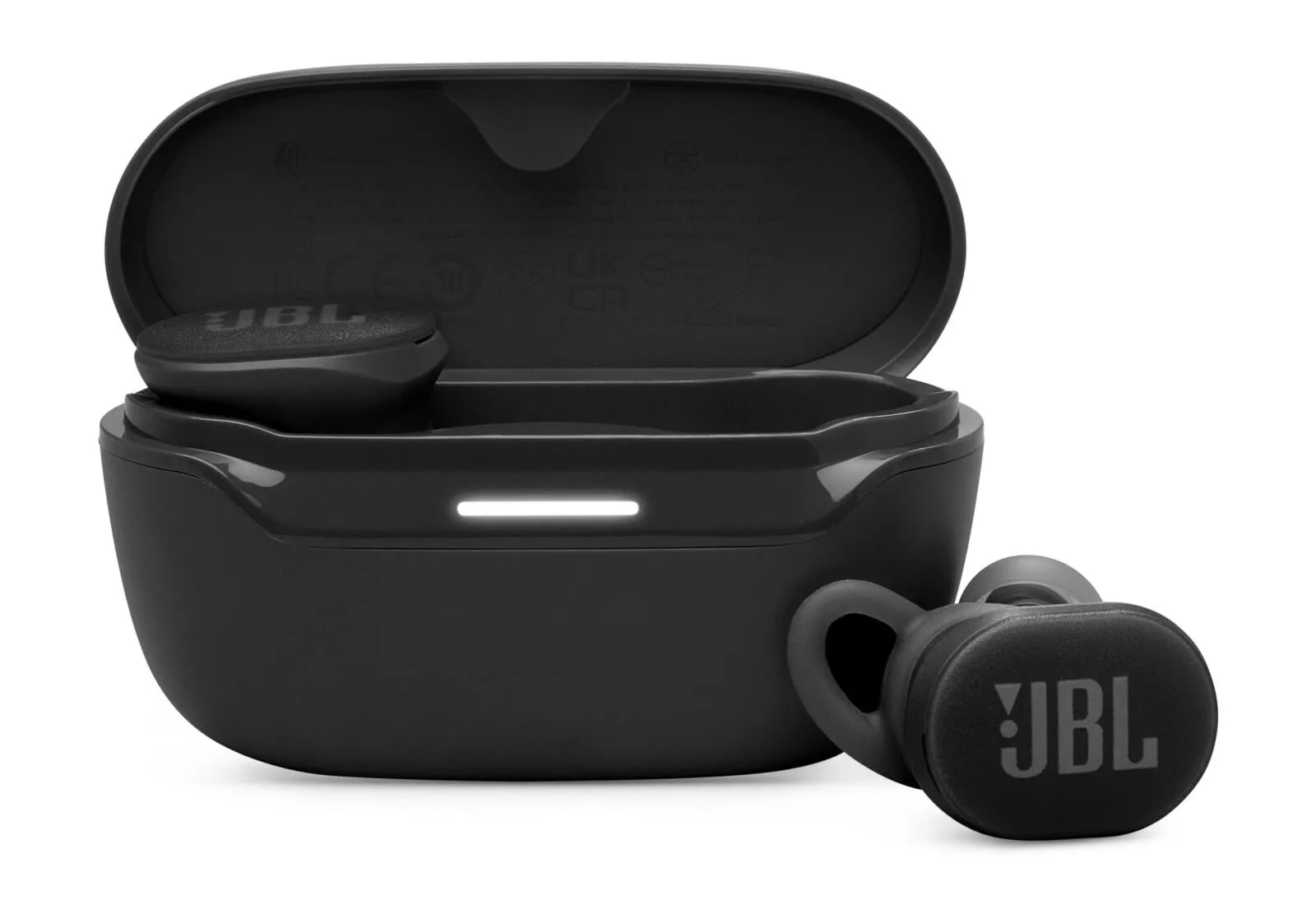 Tai nghe JBL Endurance Race 2 màu đen, thiết kế nhỏ gọn và nằm chắc chắn trong tai, lý tưởng cho các hoạt động thể thao.