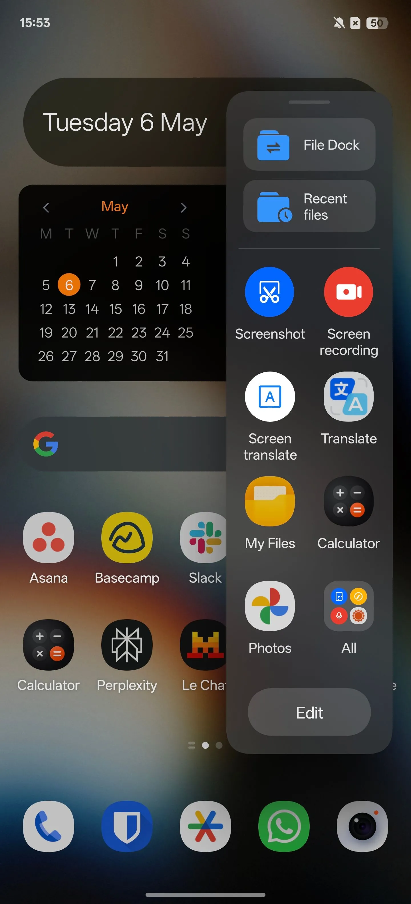 Thanh Smart Sidebar trên màn hình chính của điện thoại OnePlus, hiển thị các ứng dụng và công cụ truy cập nhanh.