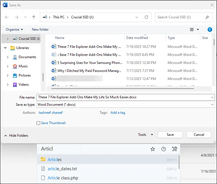 Thanh tìm kiếm nhanh của Listary hiển thị trong hộp thoại &quot;Lưu Như&quot; của Microsoft Word, giúp người dùng dễ dàng điều hướng đến thư mục mong muốn.