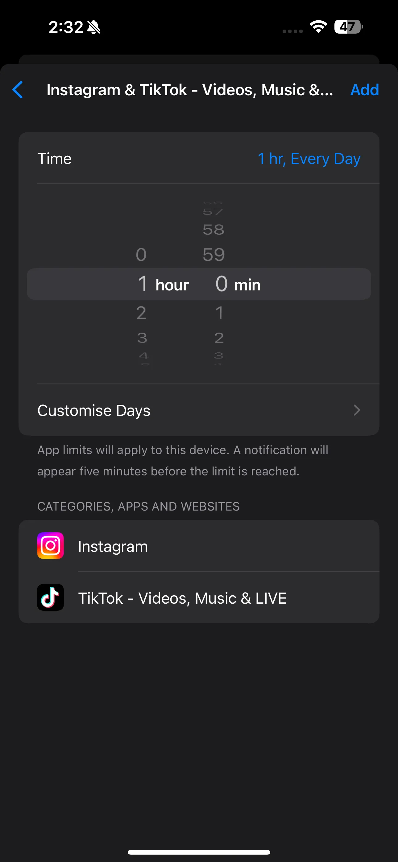 Thanh trượt thời gian và tùy chọn &quot;Tùy chỉnh ngày&quot; khi thiết lập giới hạn ứng dụng trên iPhone.