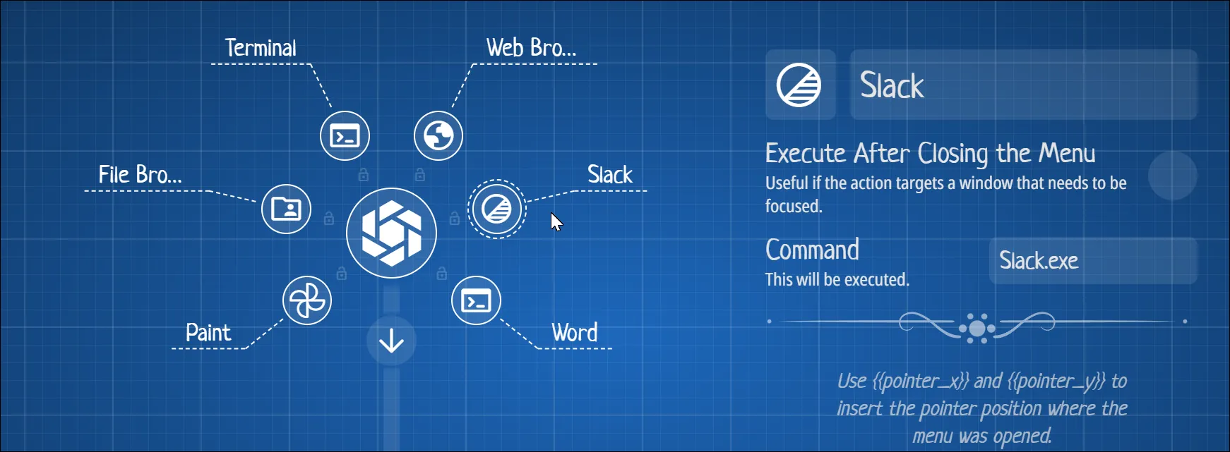 Thẻ Menu trong trình chỉnh sửa Kando hiển thị tùy chọn thêm lối tắt ứng dụng Slack trên Windows 11.