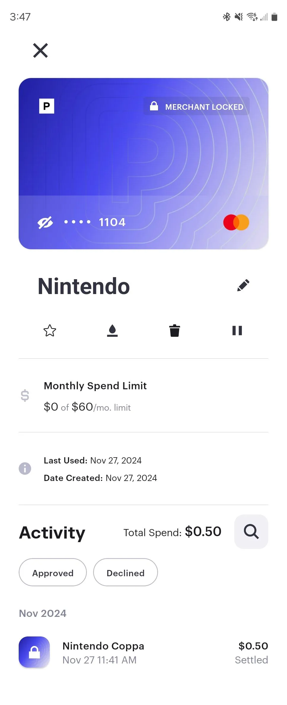 Thẻ thanh toán tạm thời được tạo cho Nintendo bằng ứng dụng Privacy trên Android để giao dịch an toàn.