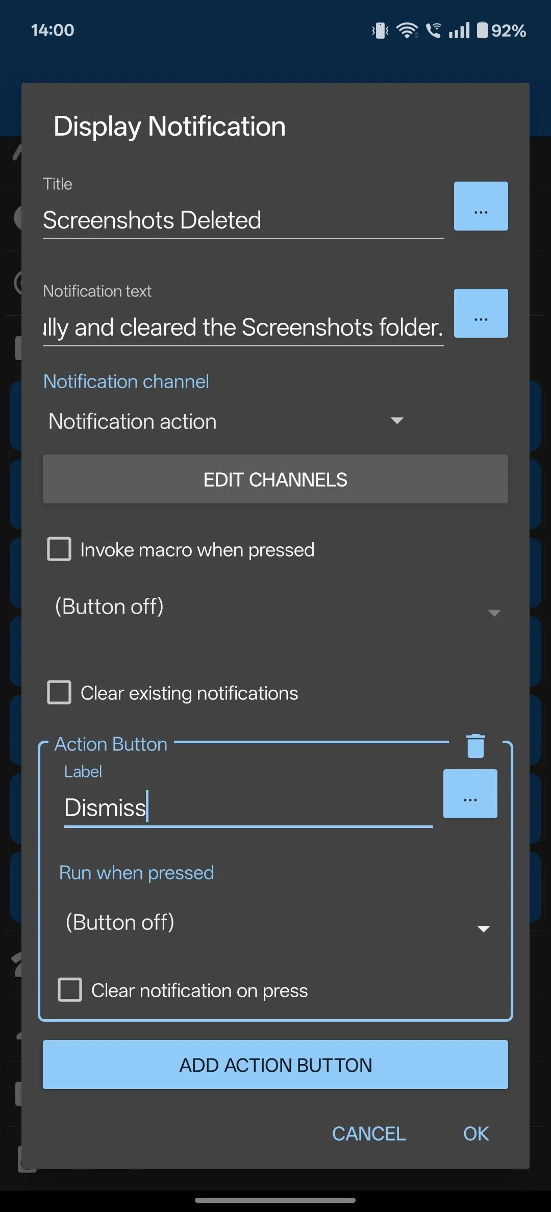 Thêm nút hành động &quot;Dismiss&quot; vào thông báo của MacroDroid để dễ dàng đóng.