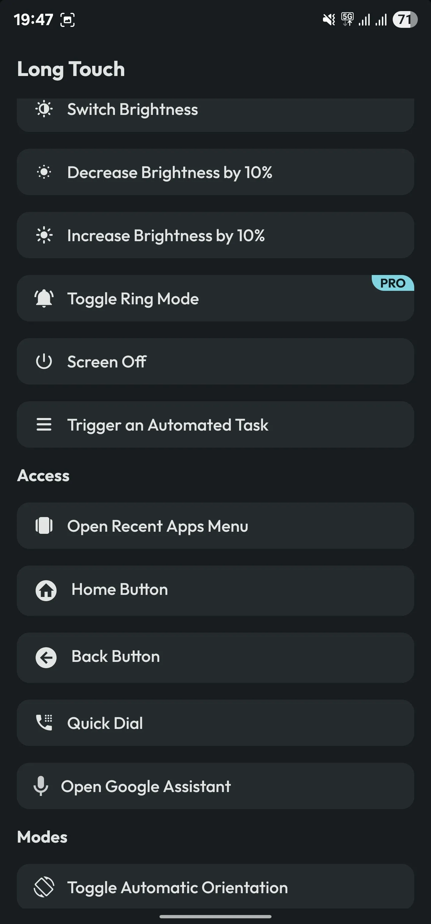 Thiết lập cử chỉ chạm giữ (Long Touch) để kích hoạt một tác vụ tự động (Trigger an Automated Task) thông qua Action Notch, mở rộng khả năng tự động hóa Android.