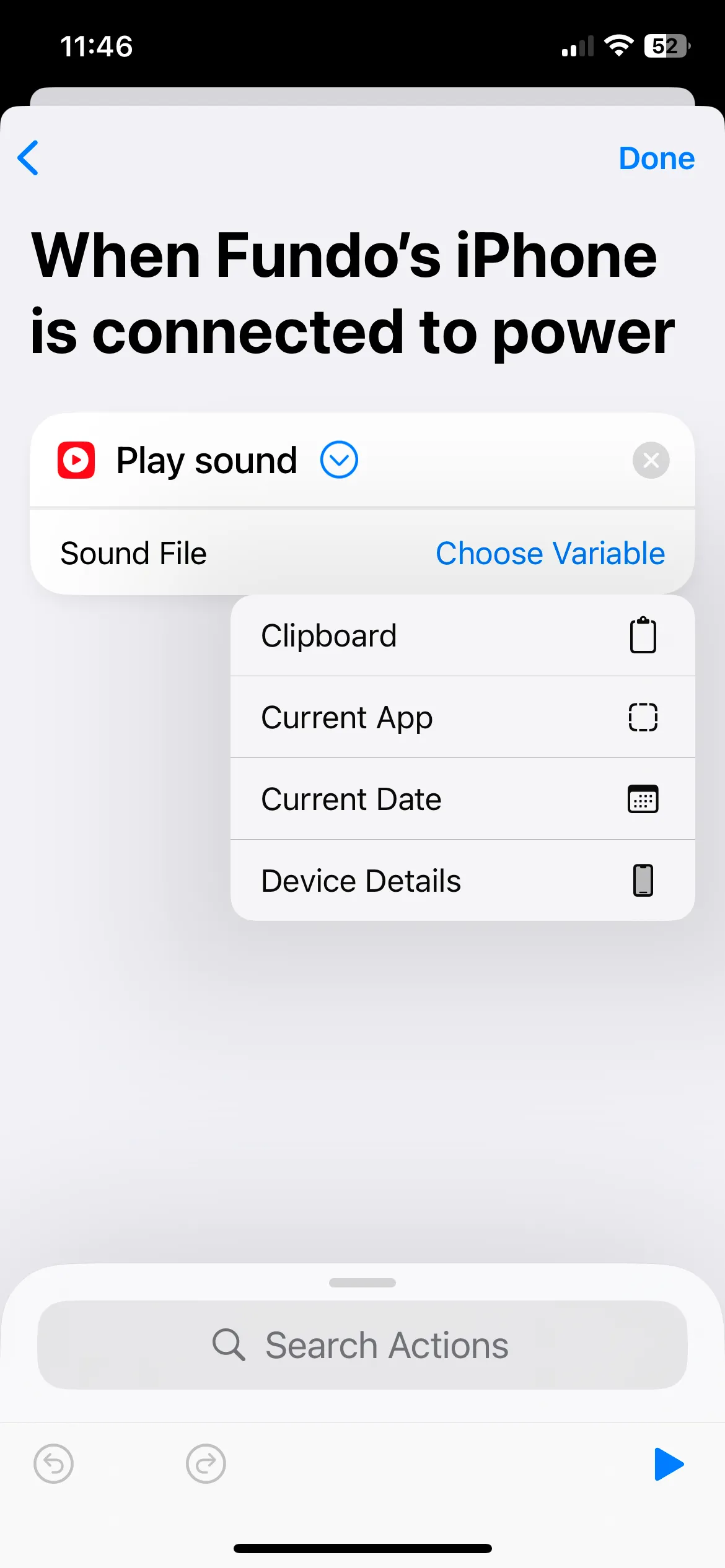 Thiết lập hành động Play Sound với biến Clipboard cho âm báo sạc iPhone tùy chỉnh