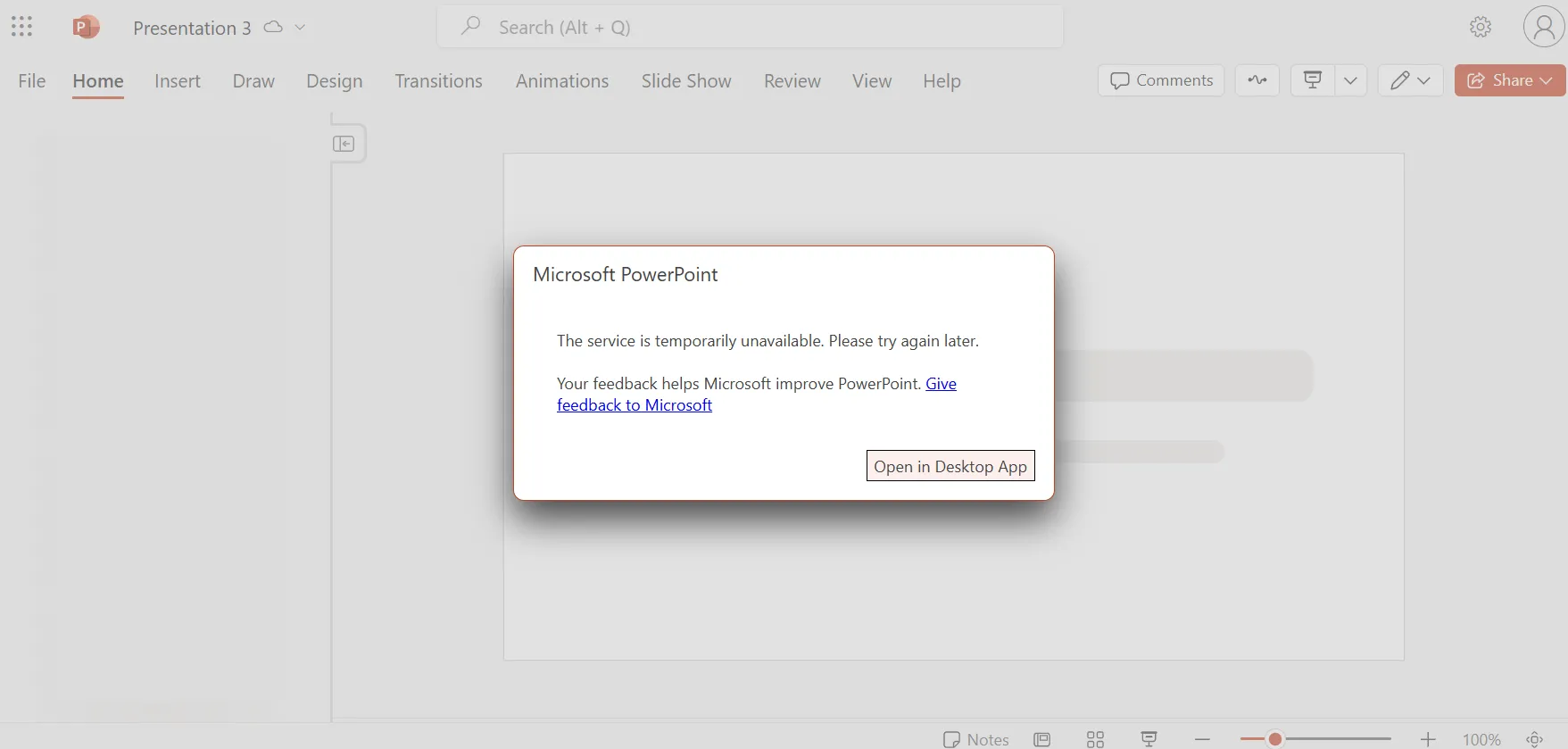 Thông báo lỗi khi cố gắng mở mẫu trong PowerPoint Online