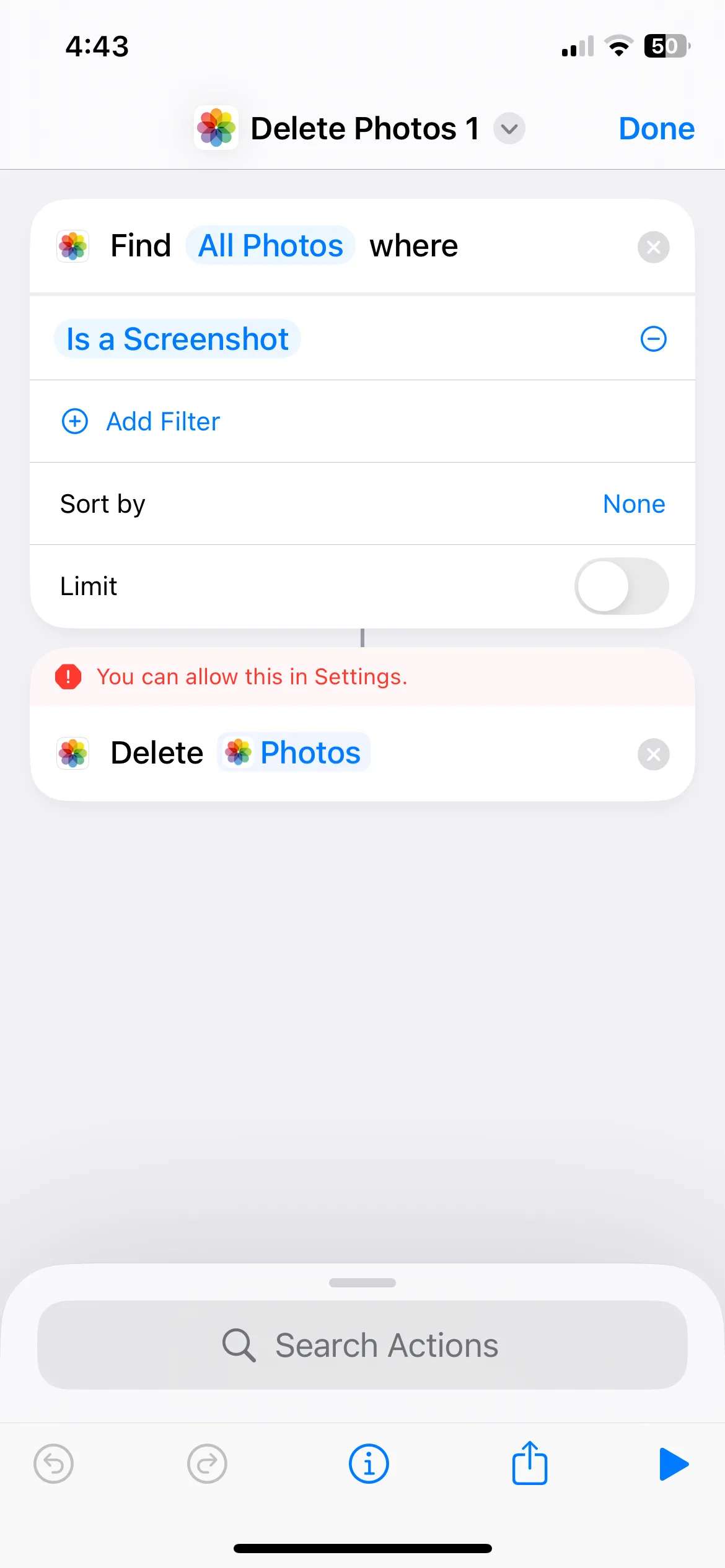 Thông báo lỗi khi phím tắt iPhone không có quyền xóa ảnh chụp màn hình số lượng lớn
