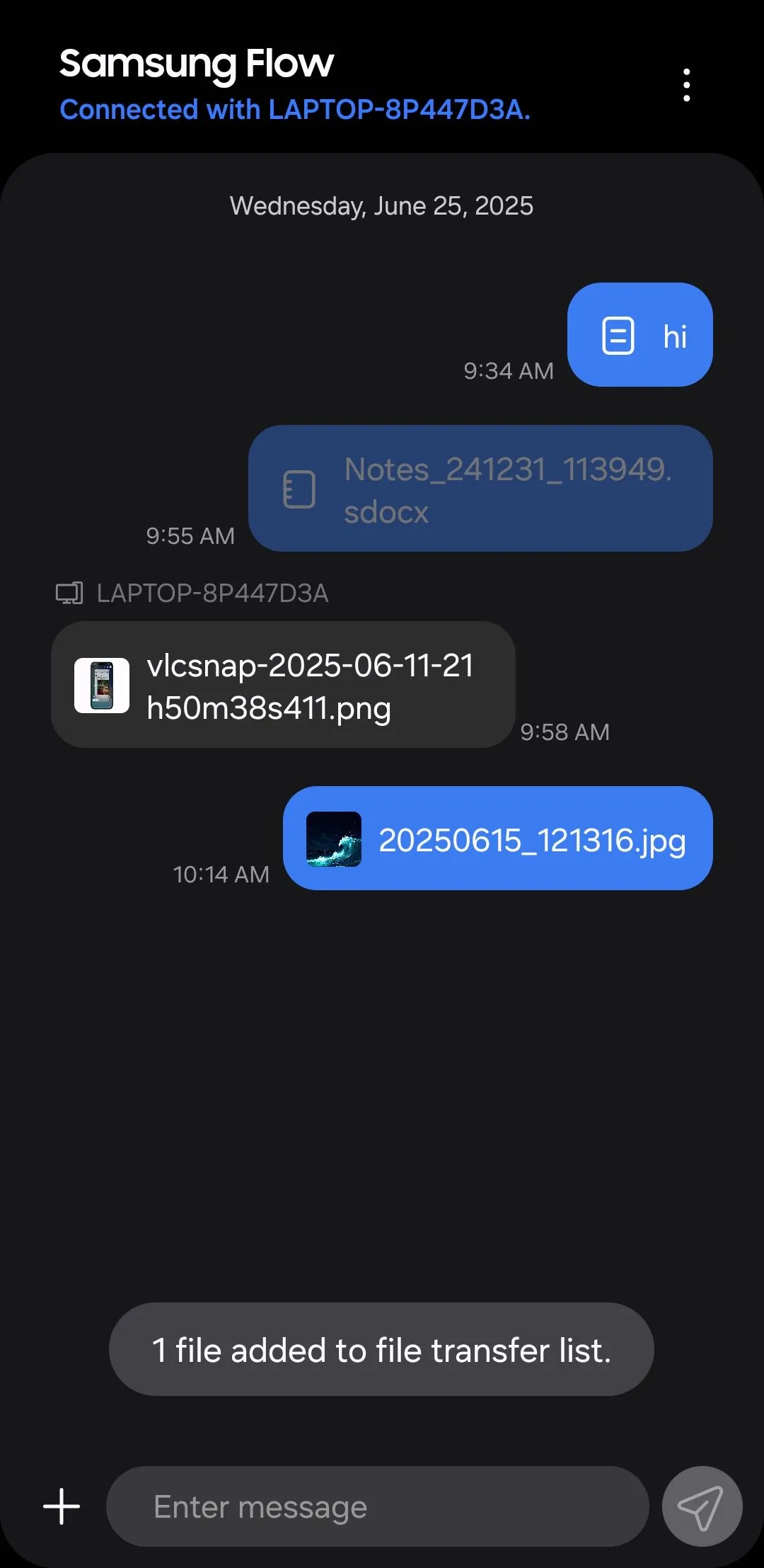 Thông báo xác nhận gửi file thành công qua Samsung Flow trên màn hình điện thoại Samsung.