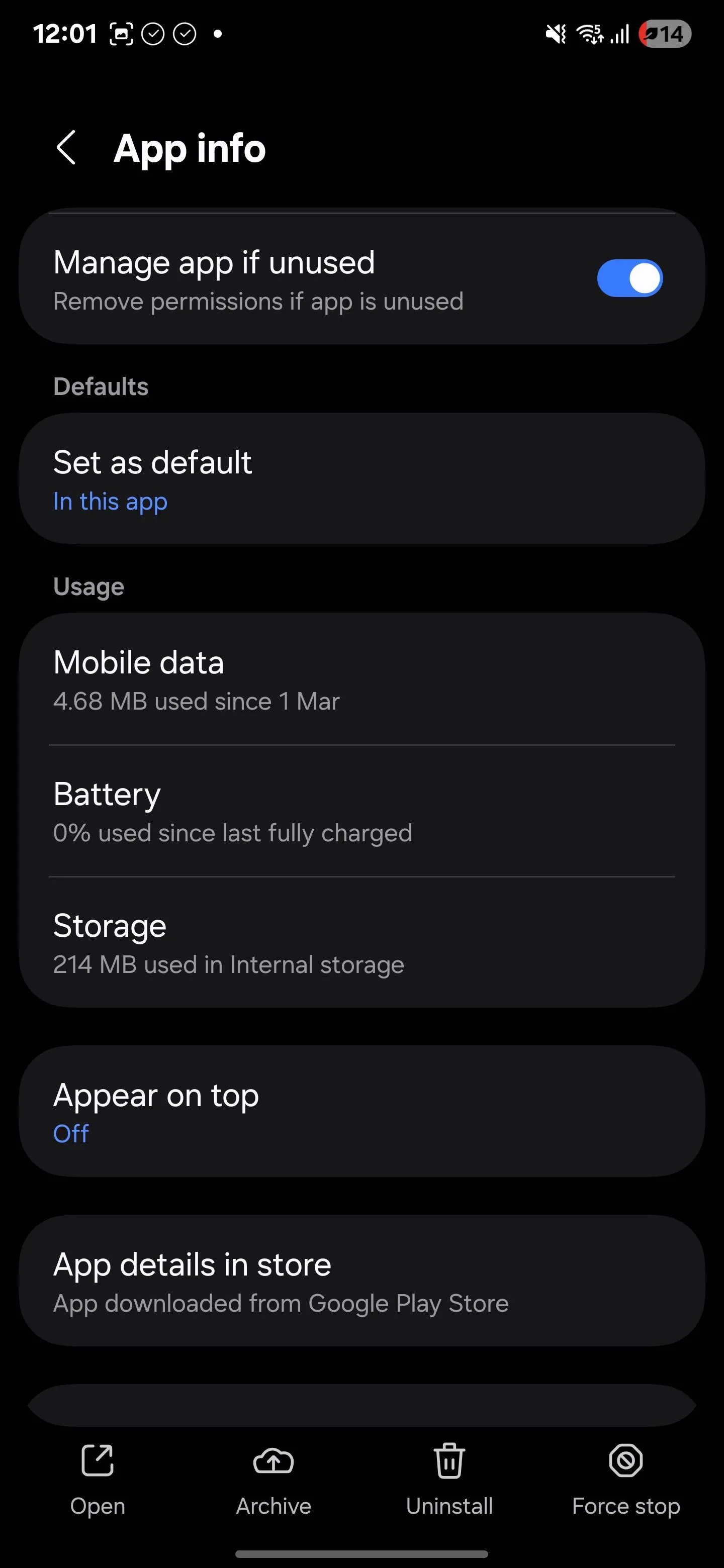 Thông tin về ứng dụng Samsung trong menu cài đặt