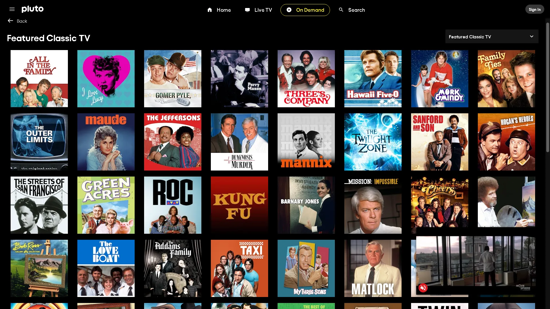 Thư viện khổng lồ của Pluto TV với nhiều chương trình truyền hình và phim kinh điển.