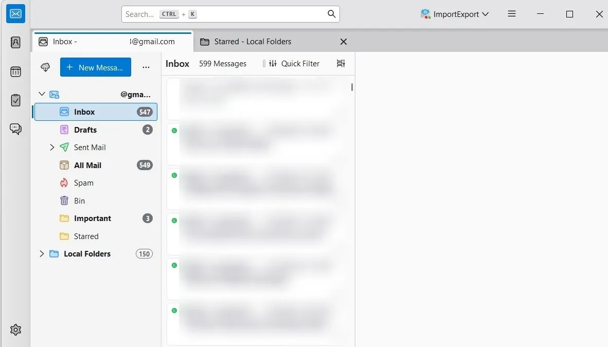Thunderbird hiển thị tài khoản Gmail đã thêm và các thư mục cục bộ ở thanh bên