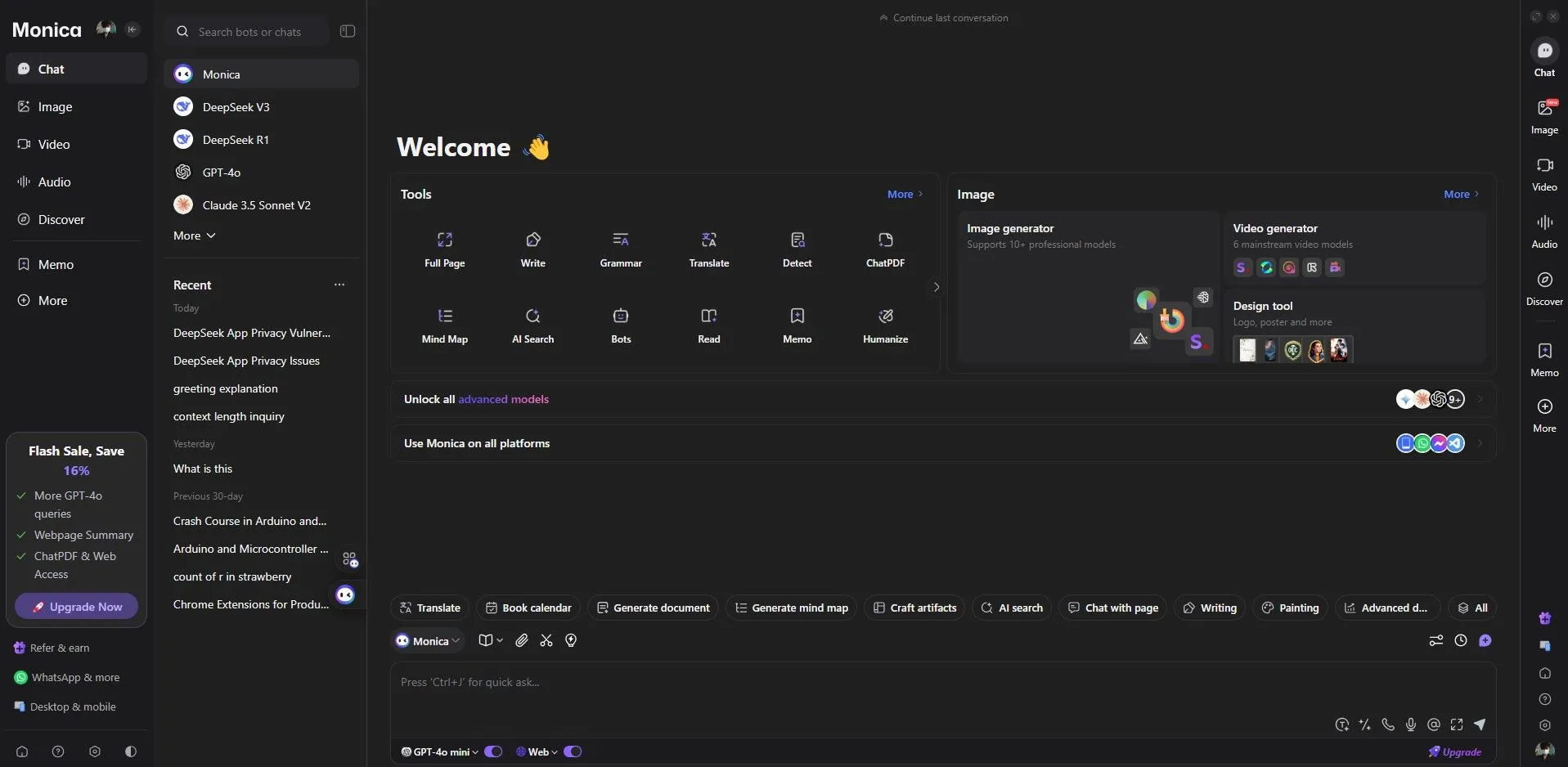 Tiện ích mở rộng Monica AI hiển thị thanh công cụ và thanh bên đầy đủ