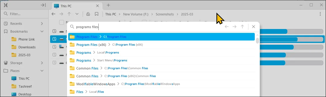 Tính năng GoTo của File Pilot hiển thị kết quả tìm kiếm thư mục trực tiếp từ thanh địa chỉ trên Windows 11.