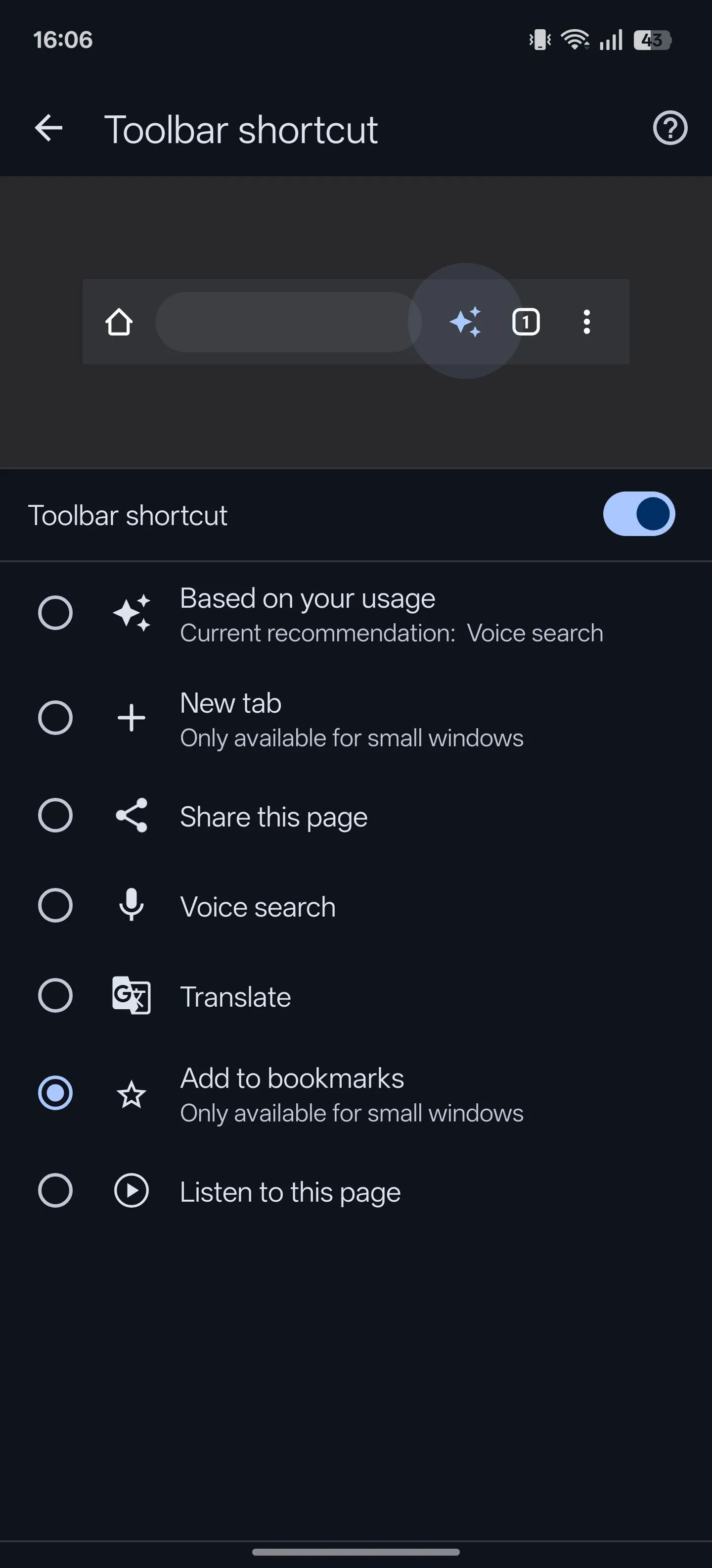 Tính năng phím tắt thanh công cụ đã được kích hoạt trong Chrome Android, với tùy chọn &quot;Thêm vào dấu trang&quot; (Add to bookmarks) được chọn.