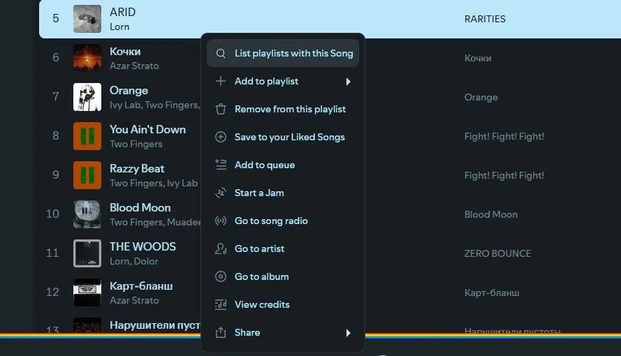 Tính năng tìm kiếm playlist chứa một bài hát cụ thể trên giao diện Spotify đã tùy biến bằng Spicetify