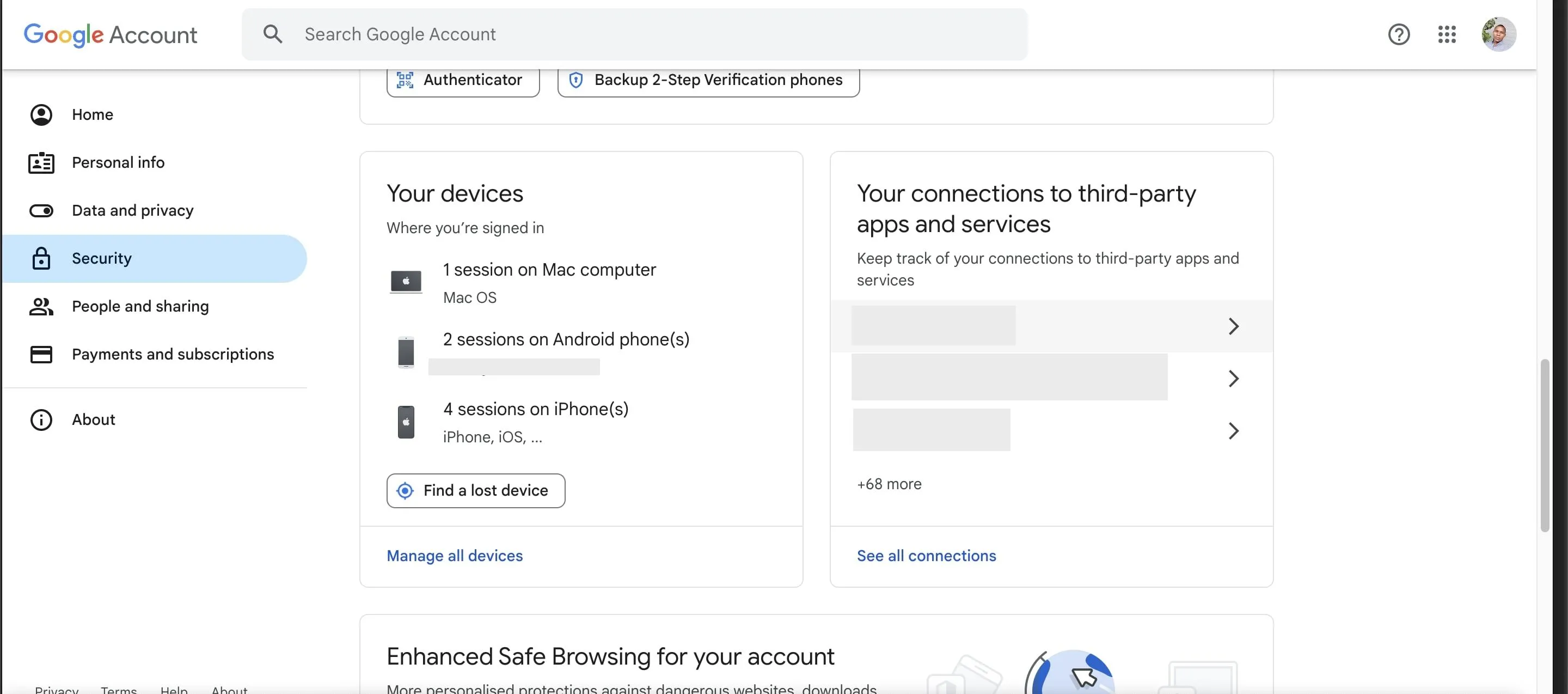 Trang bảo mật tài khoản Google hiển thị danh sách các thiết bị đã đăng nhập