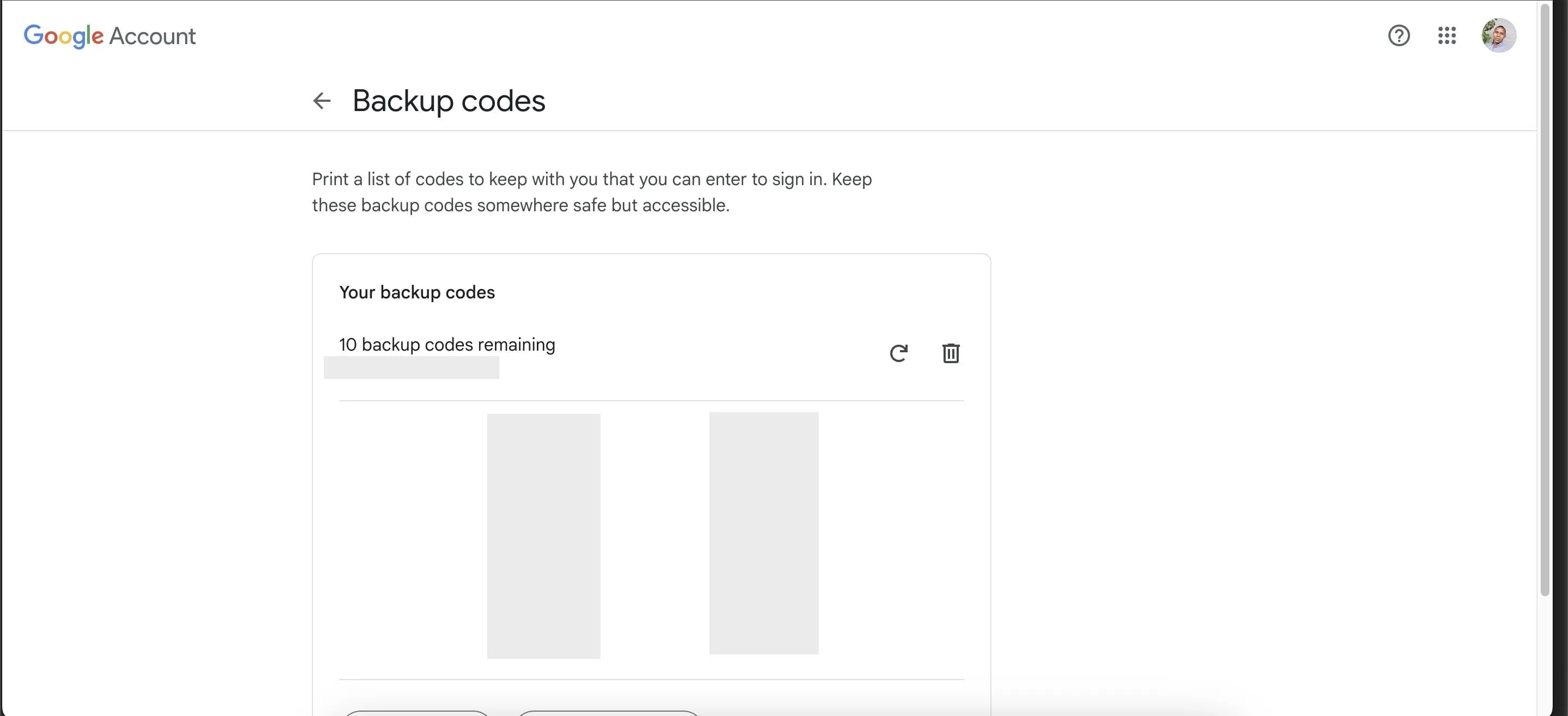 Trang cài đặt mã dự phòng của tài khoản Google hiển thị danh sách các mã
