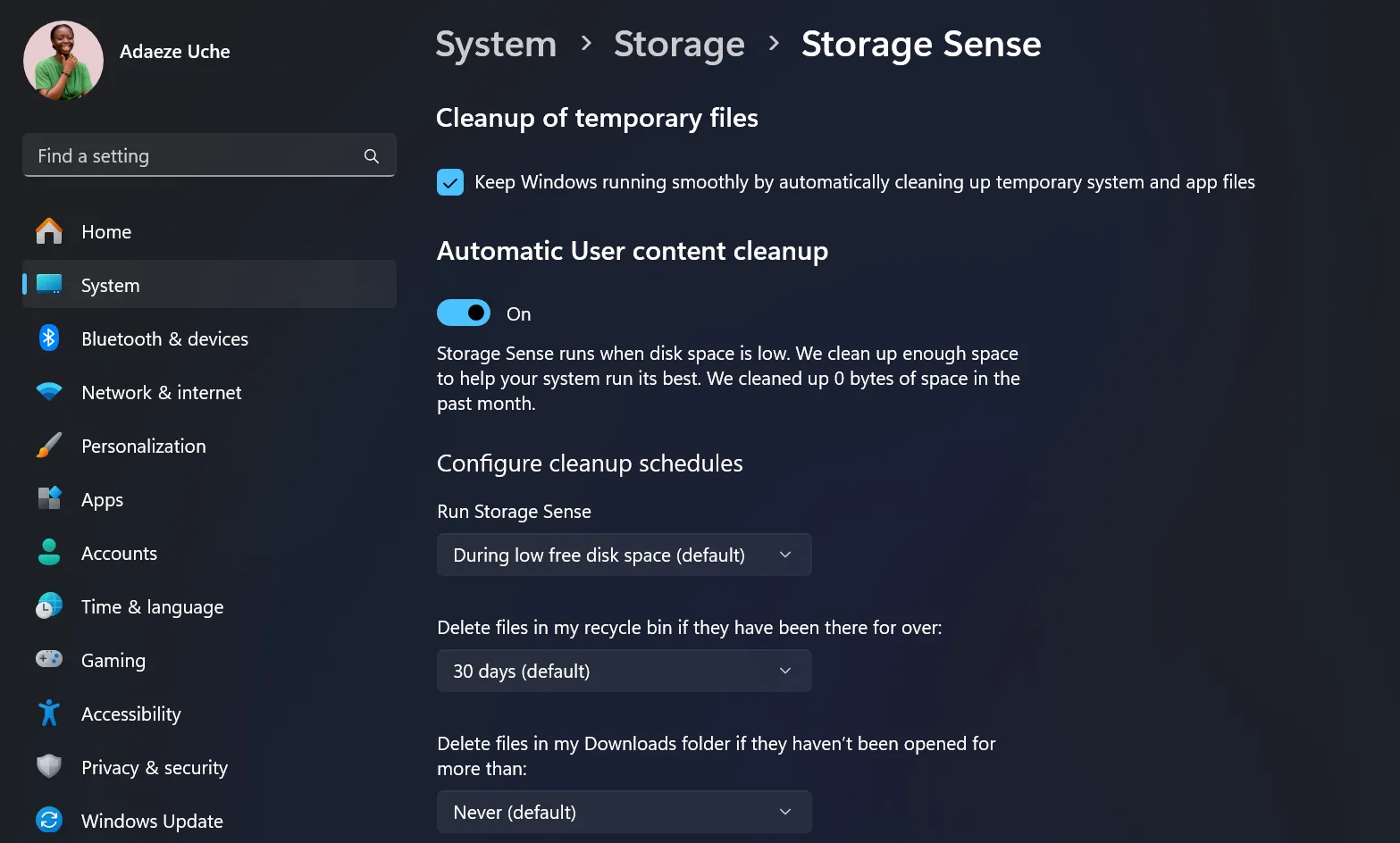 Trang cài đặt Storage Sense trong ứng dụng Cài đặt của Windows