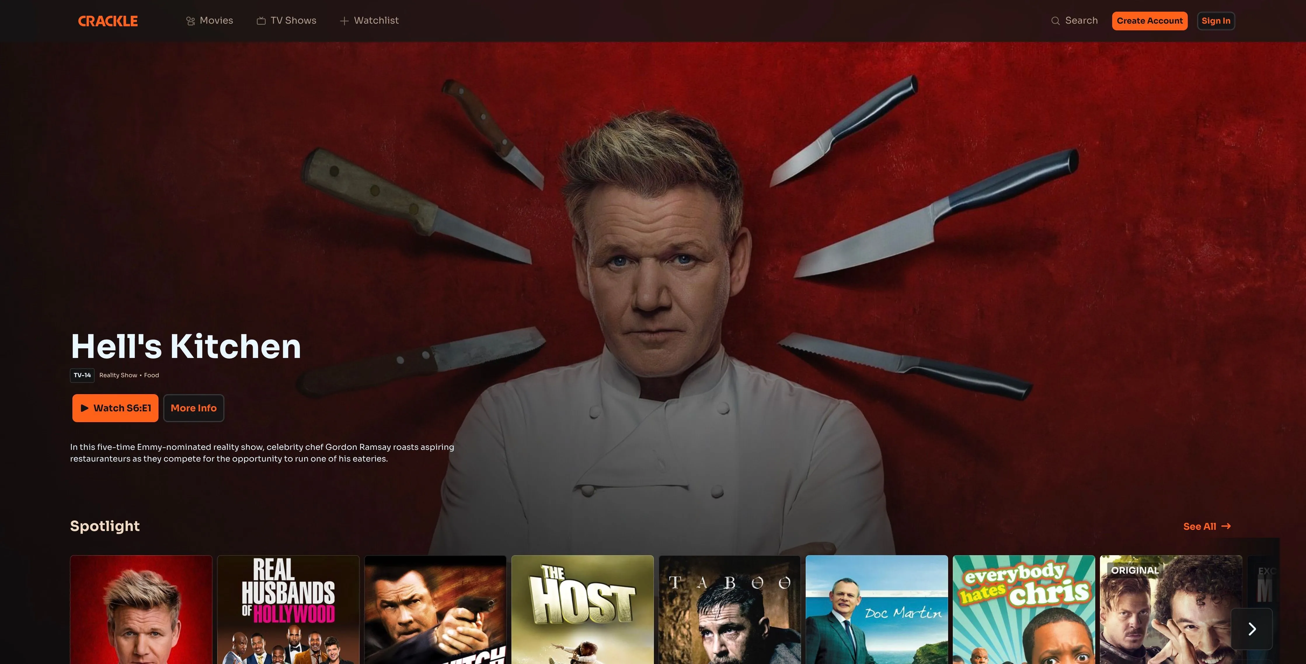 Trang chủ Crackle với quảng cáo Hells Kitchen và danh sách các bộ phim truyền hình